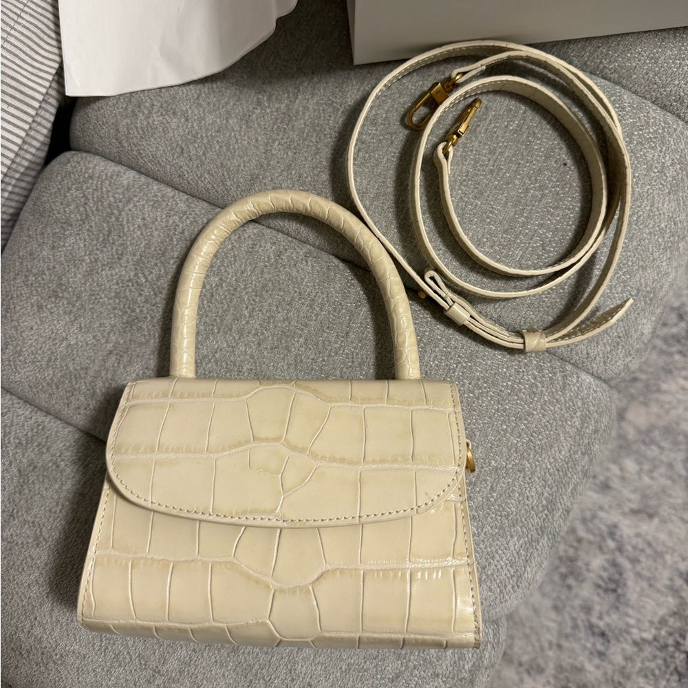 BY FAR Cream Croc-Embossed Top Handle Satchel with Strap
